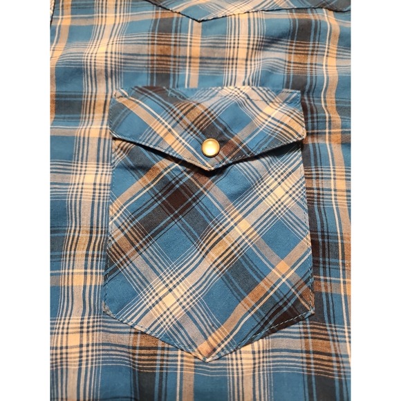Wrangler Blue Plaid Pearl Snap Up Short Sleeve Western Shirt Mens XL - Picture 4 of 8